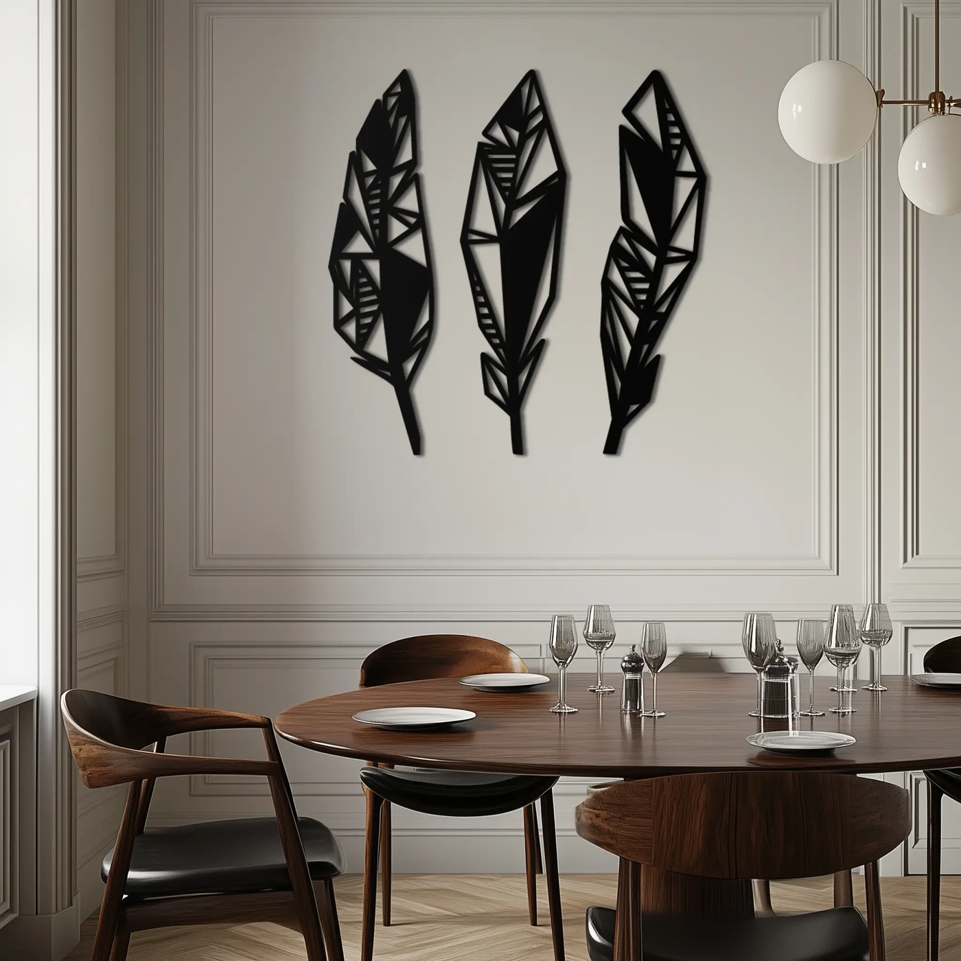 Geometric Feather Trio Metal Wall Art – Abstract Minimalist Black Steel Feather Set for Modern Bohemian Interiors- KAF434 by Enova Art