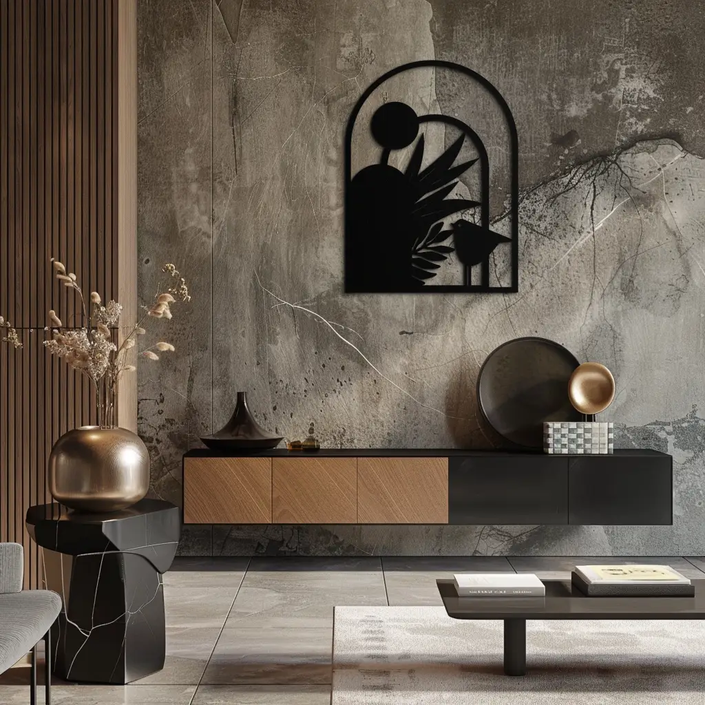 Modern Archway with Bird & Plants Metal Wall Art – Abstract Nature-Inspired Black Steel Decor for Contemporary Interiors- KAF438 by Enova Art