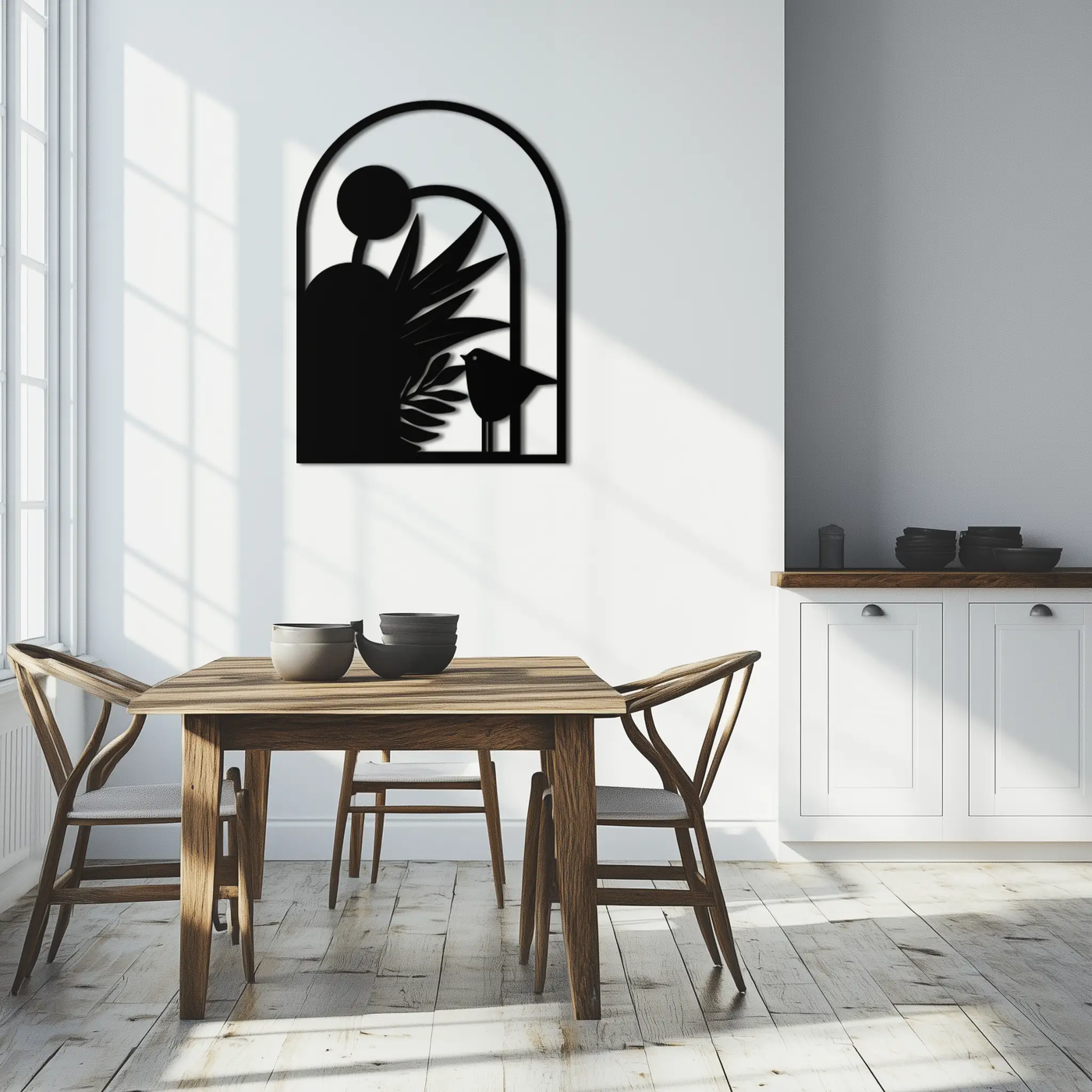 Modern Archway with Bird & Plants Metal Wall Art – Abstract Nature-Inspired Black Steel Decor for Contemporary Interiors- KAF438 by Enova Art