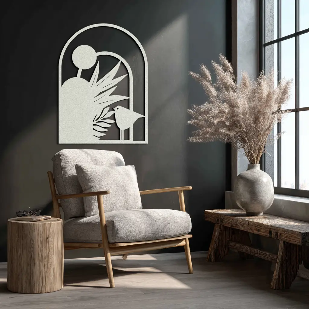 Modern Archway with Bird & Plants Metal Wall Art – Abstract Nature-Inspired Black Steel Decor for Contemporary Interiors- KAF438 by Enova Art