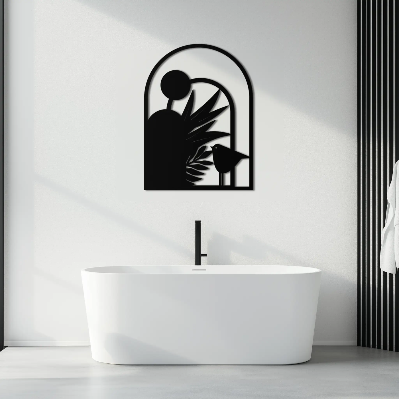Modern Archway with Bird & Plants Metal Wall Art – Abstract Nature-Inspired Black Steel Decor for Contemporary Interiors- KAF438 by Enova Art