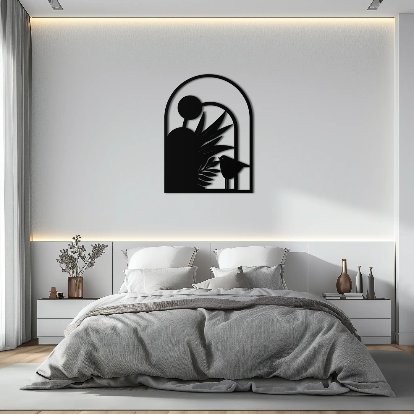 Modern Archway with Bird & Plants Metal Wall Art – Abstract Nature-Inspired Black Steel Decor for Contemporary Interiors- KAF438 by Enova Art