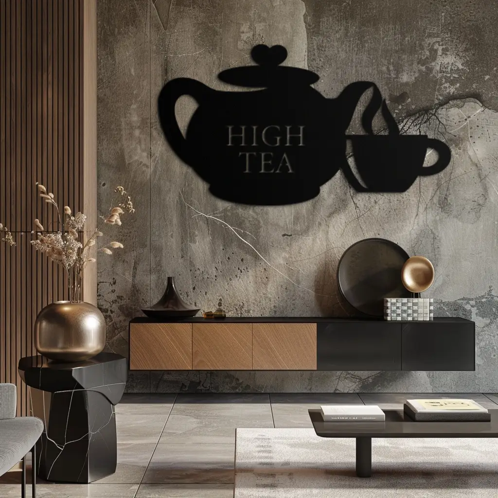 High Tea Teapot & Cup Metal Wall Art – Elegant Black Steel Tea-Time Decor for Kitchen, Café, and Dining Spaces- KAF440 by Enova Art