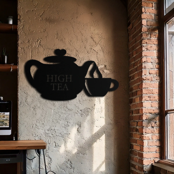High Tea Teapot & Cup Metal Wall Art – Elegant Black Steel Tea-Time Decor for Kitchen, Café, and Dining Spaces- KAF440