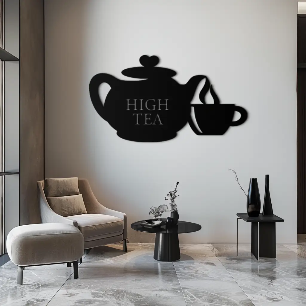 High Tea Teapot & Cup Metal Wall Art – Elegant Black Steel Tea-Time Decor for Kitchen, Café, and Dining Spaces- KAF440 by Enova Art