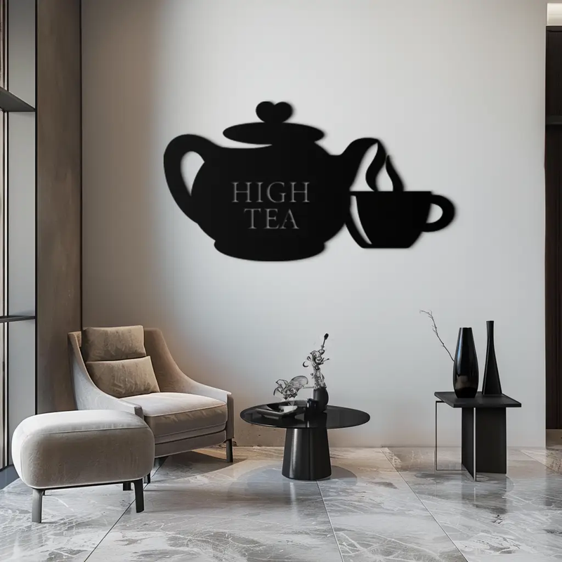 High Tea Teapot & Cup Metal Wall Art – Elegant Black Steel Tea-Time Decor for Kitchen, Café, and Dining Spaces- KAF440 by Enova Art