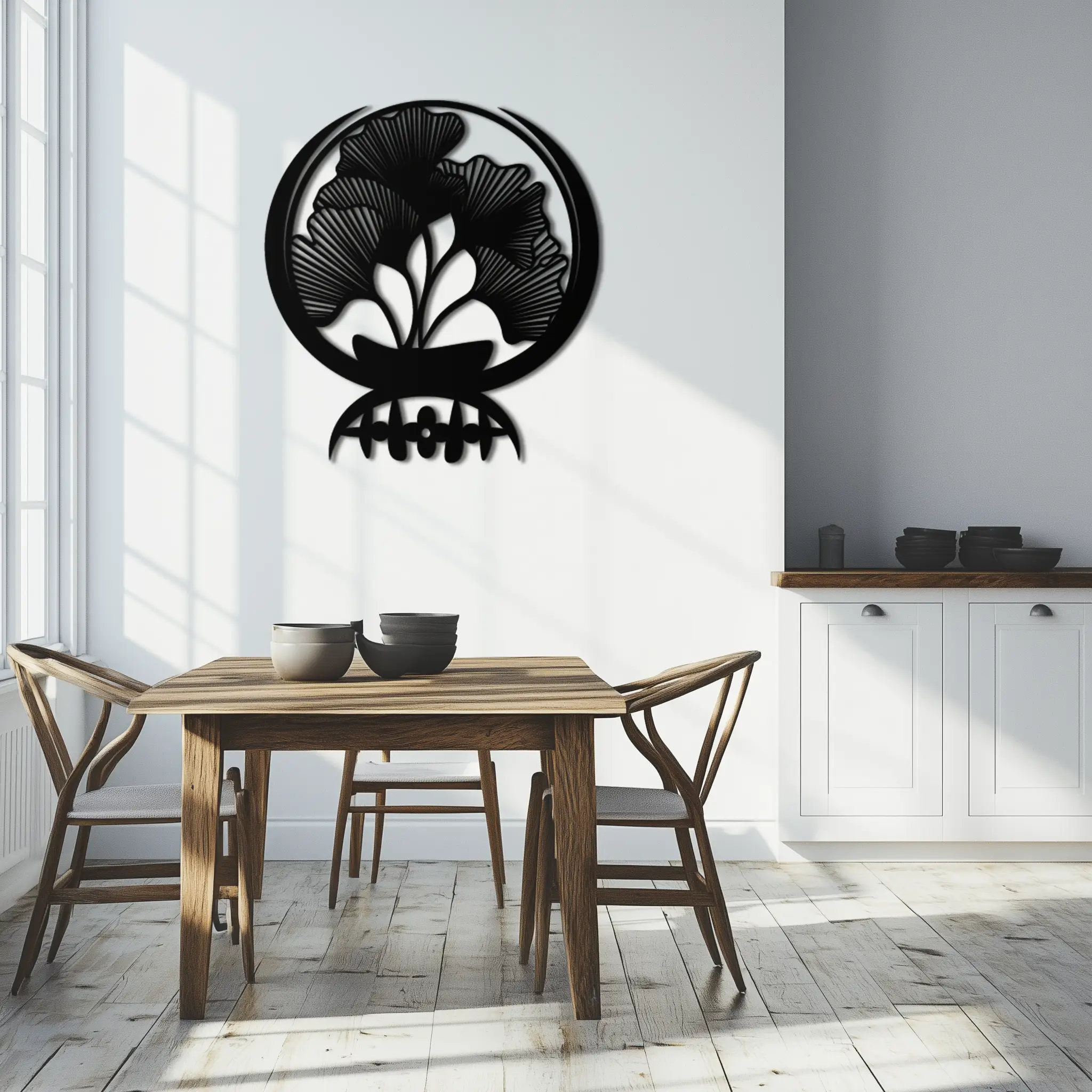 Ginkgo Leaves Abstract Metal Wall Art – Elegant Nature-Inspired Black Steel Decor for Modern Home Interiors- KAF441 by Enova Art