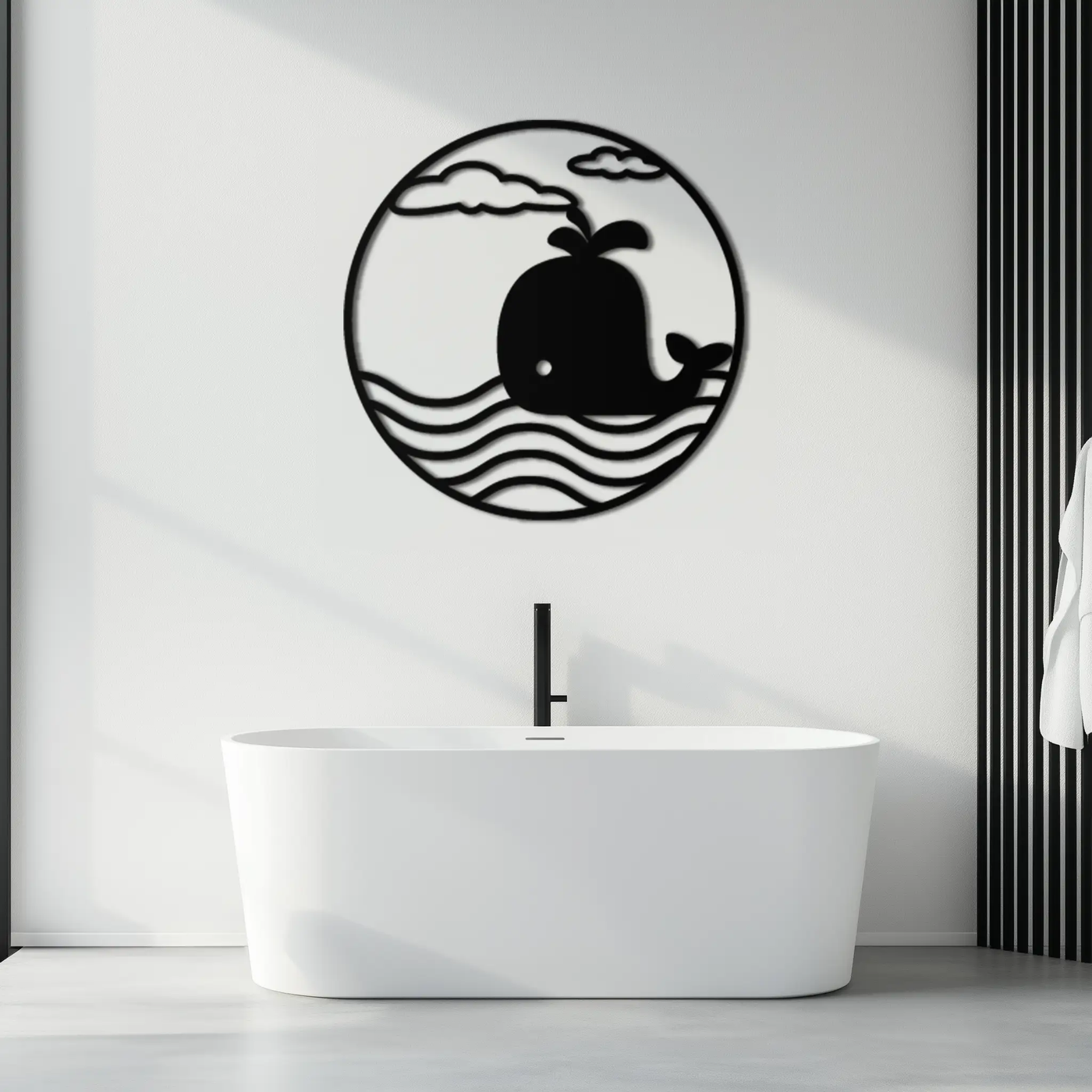 Cute Whale Ocean Scene Metal Wall Art – Playful Circular Black Steel Decor for Kids Rooms, Nurseries, and Coastal Interiors- KAF443 by Enova Art