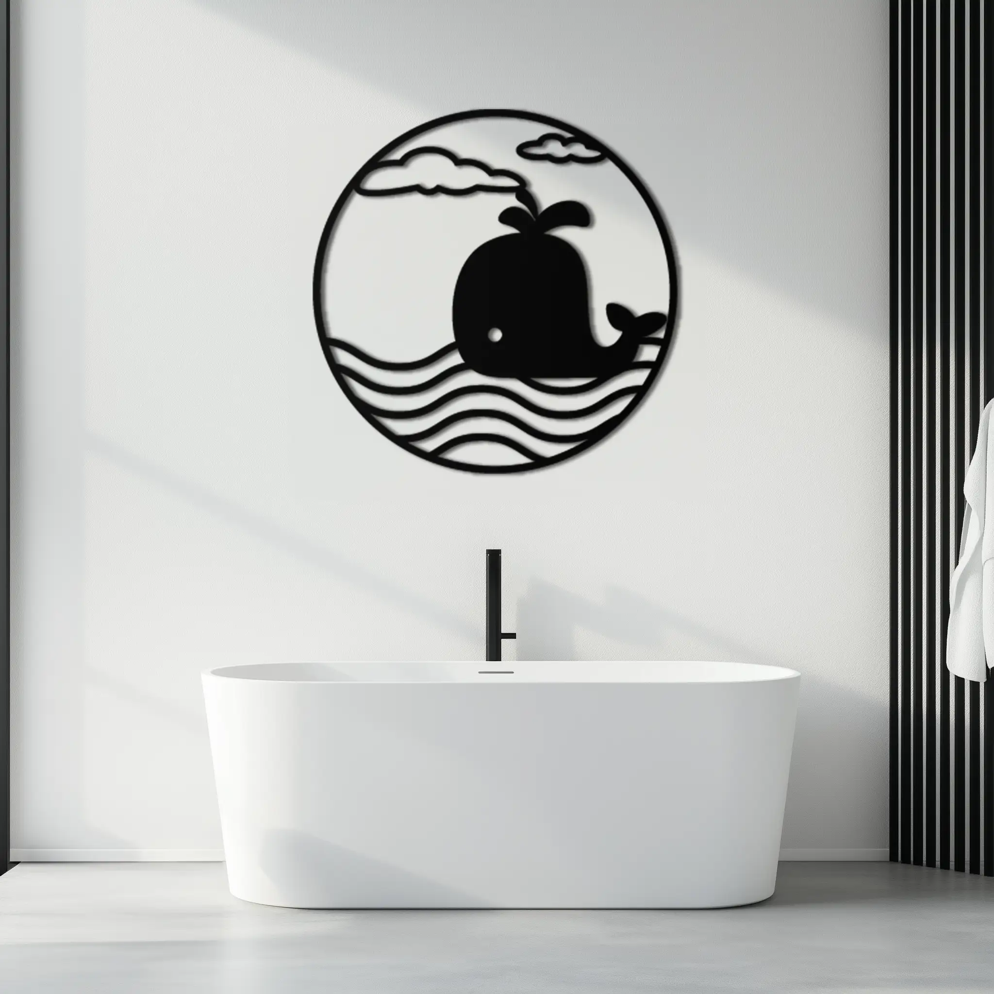 Cute Whale Ocean Scene Metal Wall Art – Playful Circular Black Steel Decor for Kids Rooms, Nurseries, and Coastal Interiors- KAF443 by Enova Art