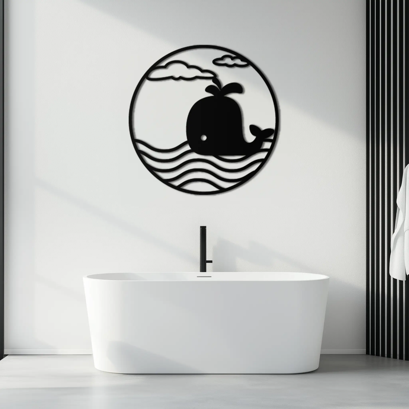 Cute Whale Ocean Scene Metal Wall Art – Playful Circular Black Steel Decor for Kids Rooms, Nurseries, and Coastal Interiors- KAF443 by Enova Art