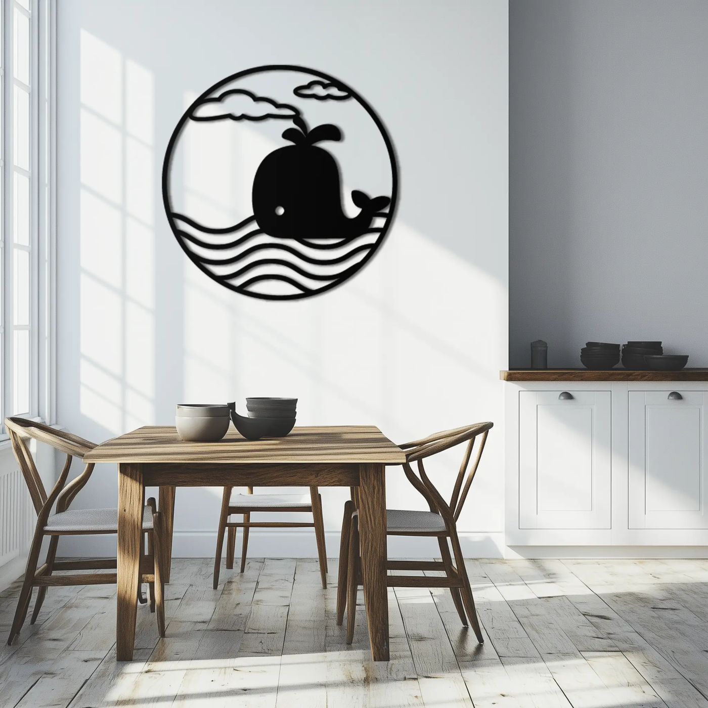 Cute Whale Ocean Scene Metal Wall Art – Playful Circular Black Steel Decor for Kids Rooms, Nurseries, and Coastal Interiors- KAF443 by Enova Art