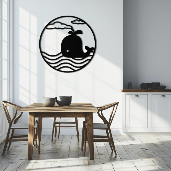 Cute Whale Ocean Scene Metal Wall Art – Playful Circular Black Steel Decor for Kids Rooms, Nurseries, and Coastal Interiors- KAF443