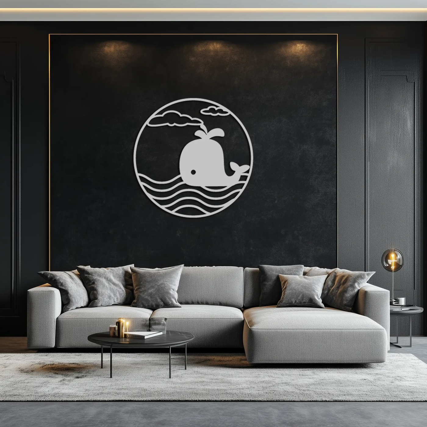 Cute Whale Ocean Scene Metal Wall Art – Playful Circular Black Steel Decor for Kids Rooms, Nurseries, and Coastal Interiors- KAF443 by Enova Art