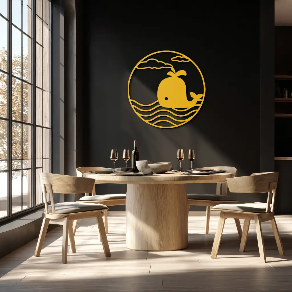 Cute Whale Ocean Scene Metal Wall Art – Playful Circular Black Steel Decor for Kids Rooms, Nurseries, and Coastal Interiors- KAF443 by Enova Art