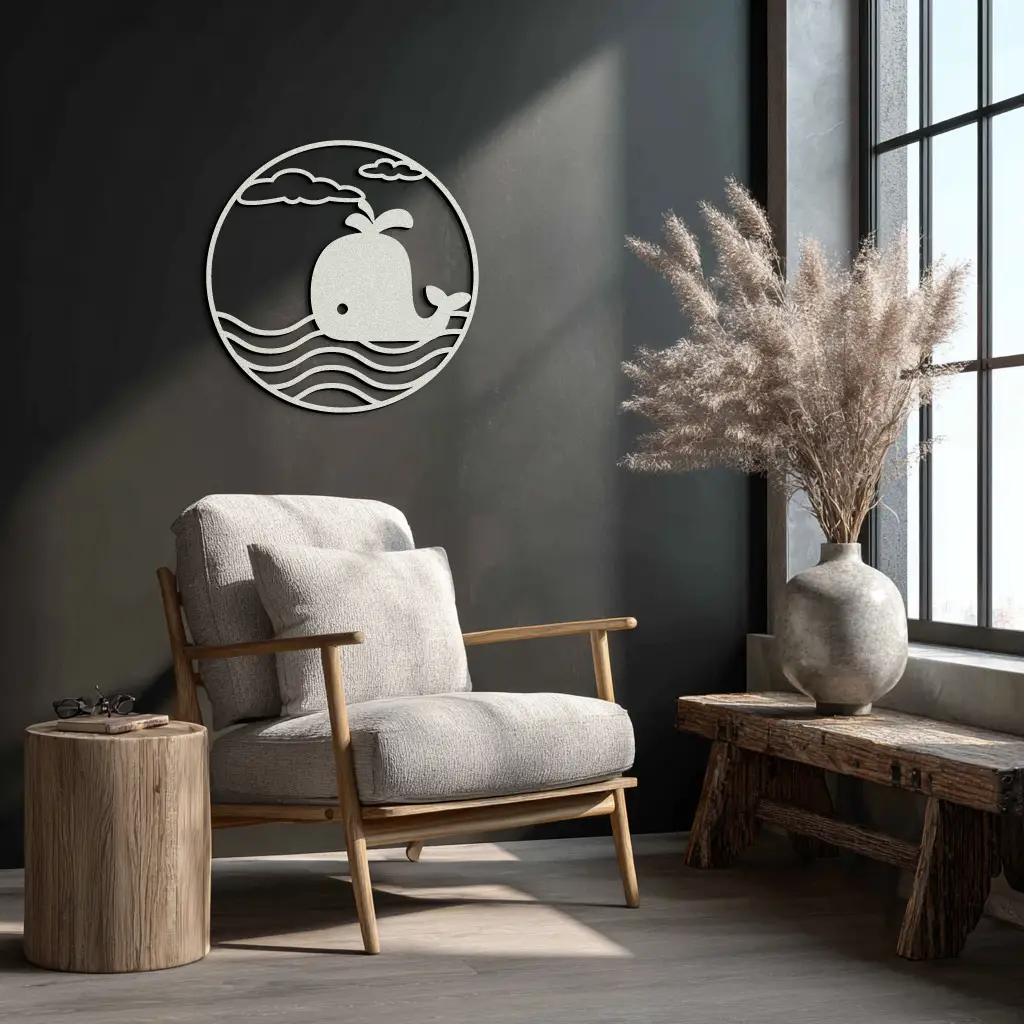 Cute Whale Ocean Scene Metal Wall Art – Playful Circular Black Steel Decor for Kids Rooms, Nurseries, and Coastal Interiors- KAF443 by Enova Art