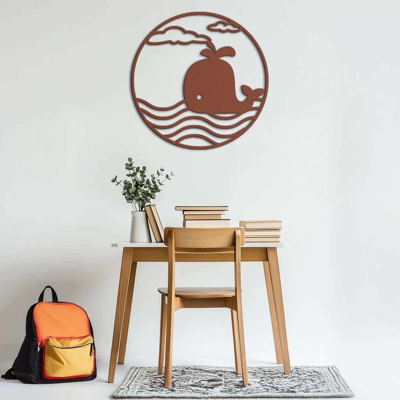 Cute Whale Ocean Scene Metal Wall Art – Playful Circular Black Steel Decor for Kids Rooms, Nurseries, and Coastal Interiors- KAF443 by Enova Art