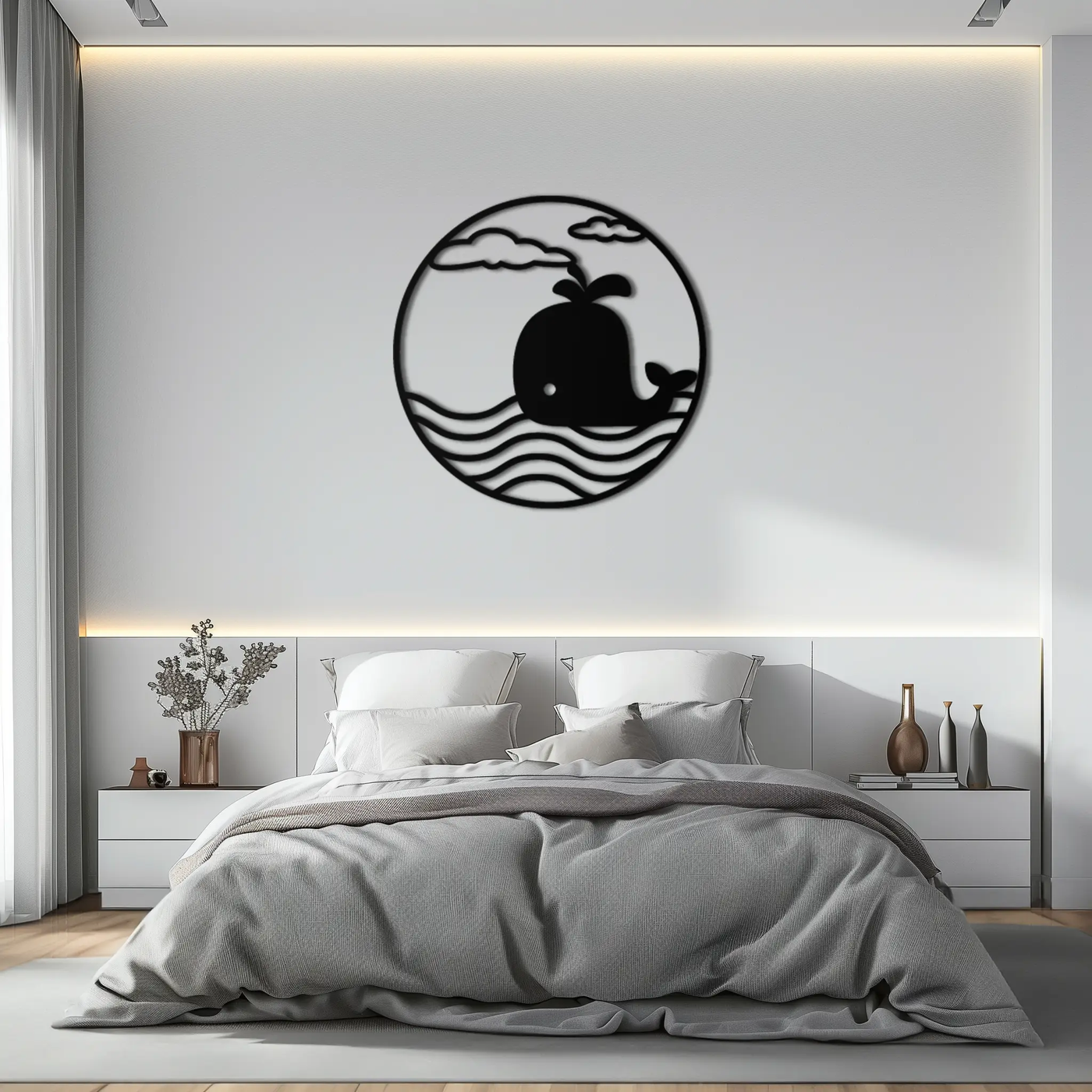 Cute Whale Ocean Scene Metal Wall Art – Playful Circular Black Steel Decor for Kids Rooms, Nurseries, and Coastal Interiors- KAF443 by Enova Art