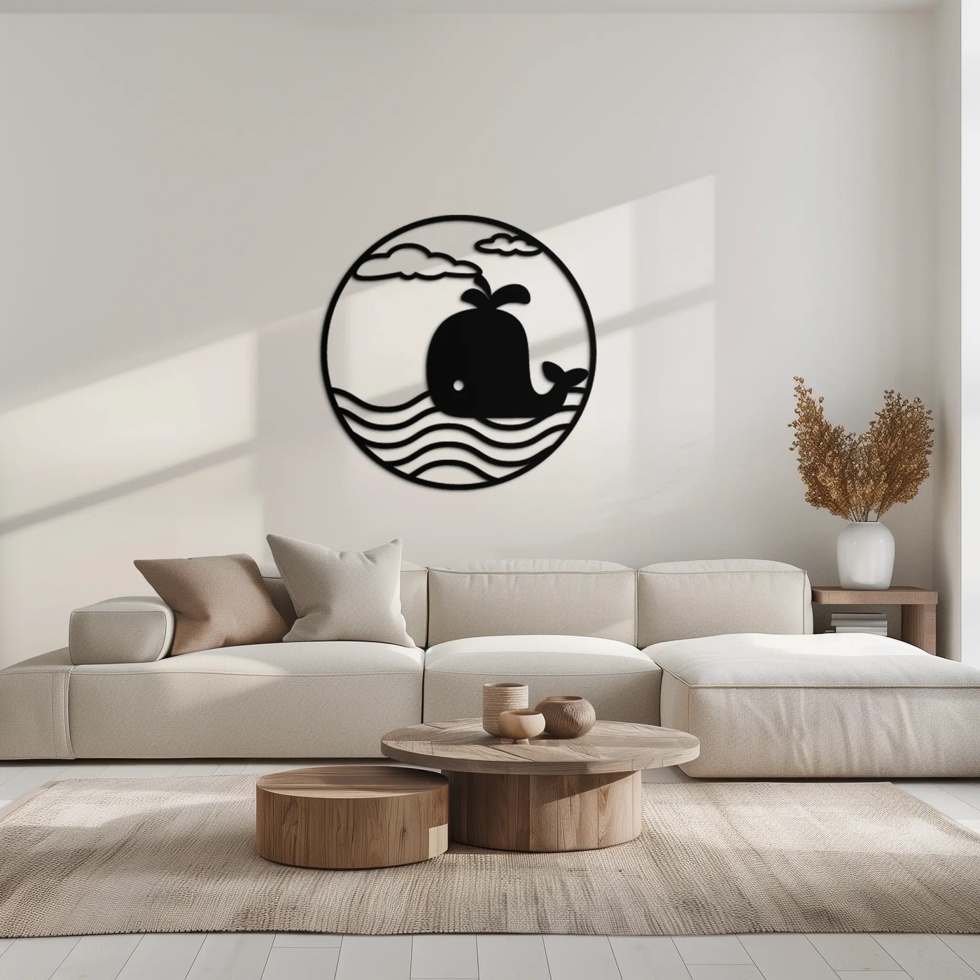 Cute Whale Ocean Scene Metal Wall Art – Playful Circular Black Steel Decor for Kids Rooms, Nurseries, and Coastal Interiors- KAF443 by Enova Art