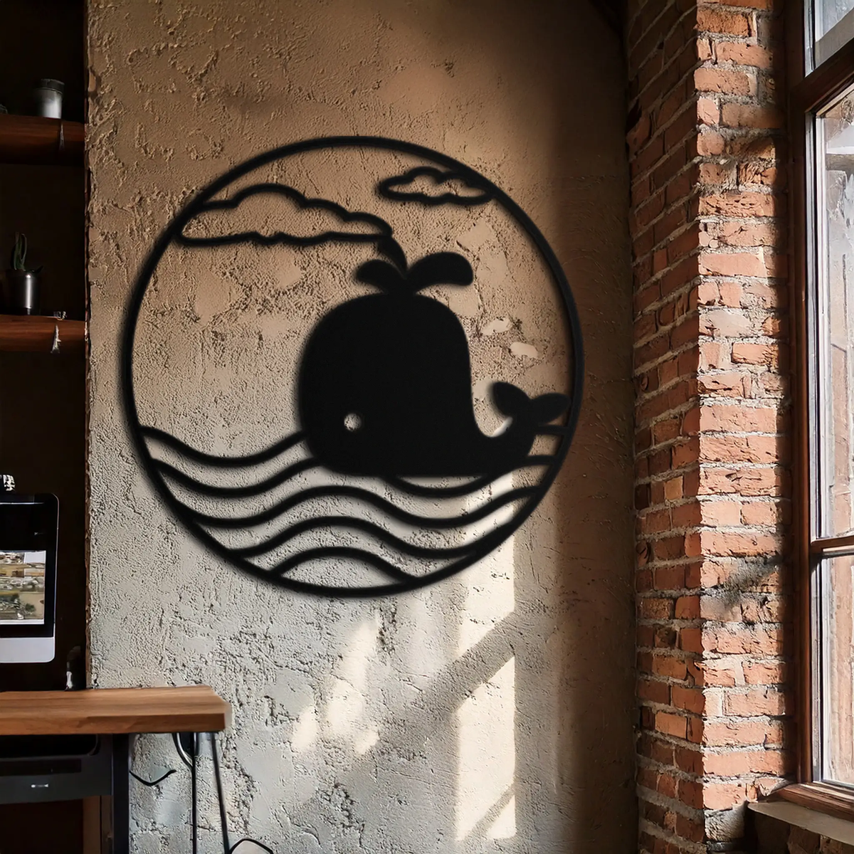 Cute Whale Ocean Scene Metal Wall Art – Playful Circular Black Steel Decor for Kids Rooms, Nurseries, and Coastal Interiors- KAF443 by Enova Art