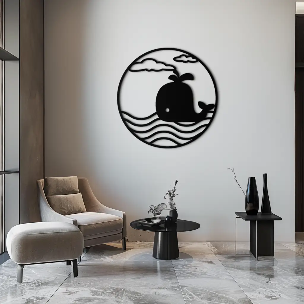 Cute Whale Ocean Scene Metal Wall Art – Playful Circular Black Steel Decor for Kids Rooms, Nurseries, and Coastal Interiors- KAF443 by Enova Art