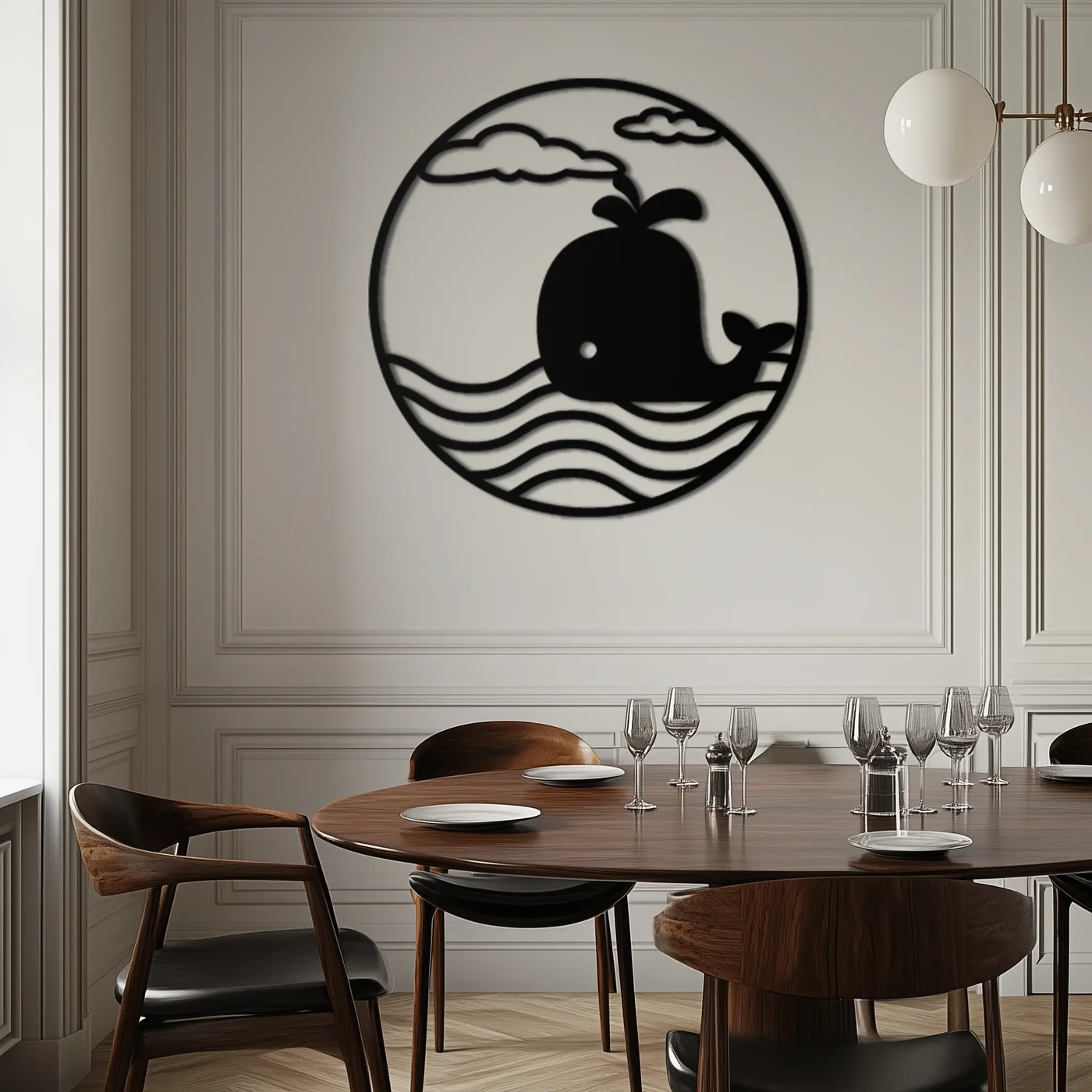 Cute Whale Ocean Scene Metal Wall Art – Playful Circular Black Steel Decor for Kids Rooms, Nurseries, and Coastal Interiors- KAF443 by Enova Art