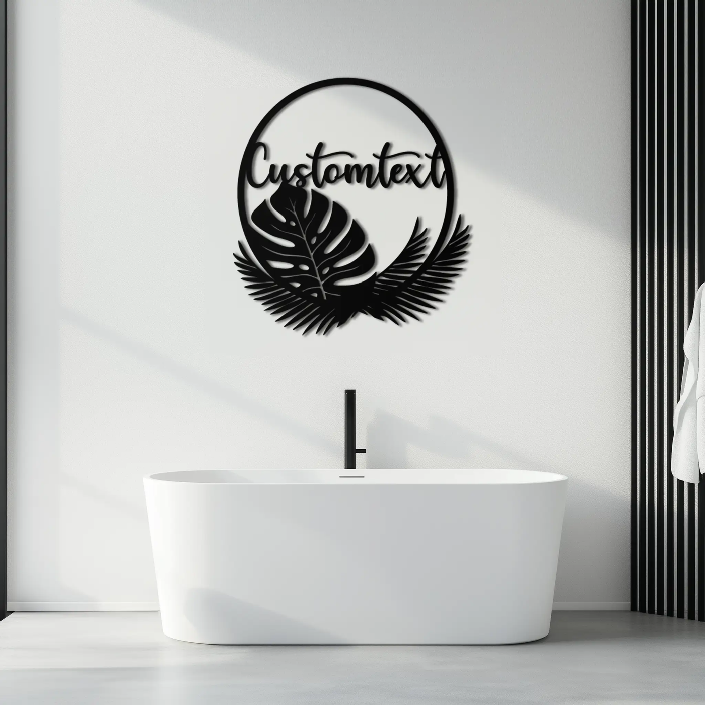 Personalized Tropical Leaves Metal Wall Art – Custom Text Circular Black Steel Decor for Modern Home and Event Spaces- KAF444 by Enova Art