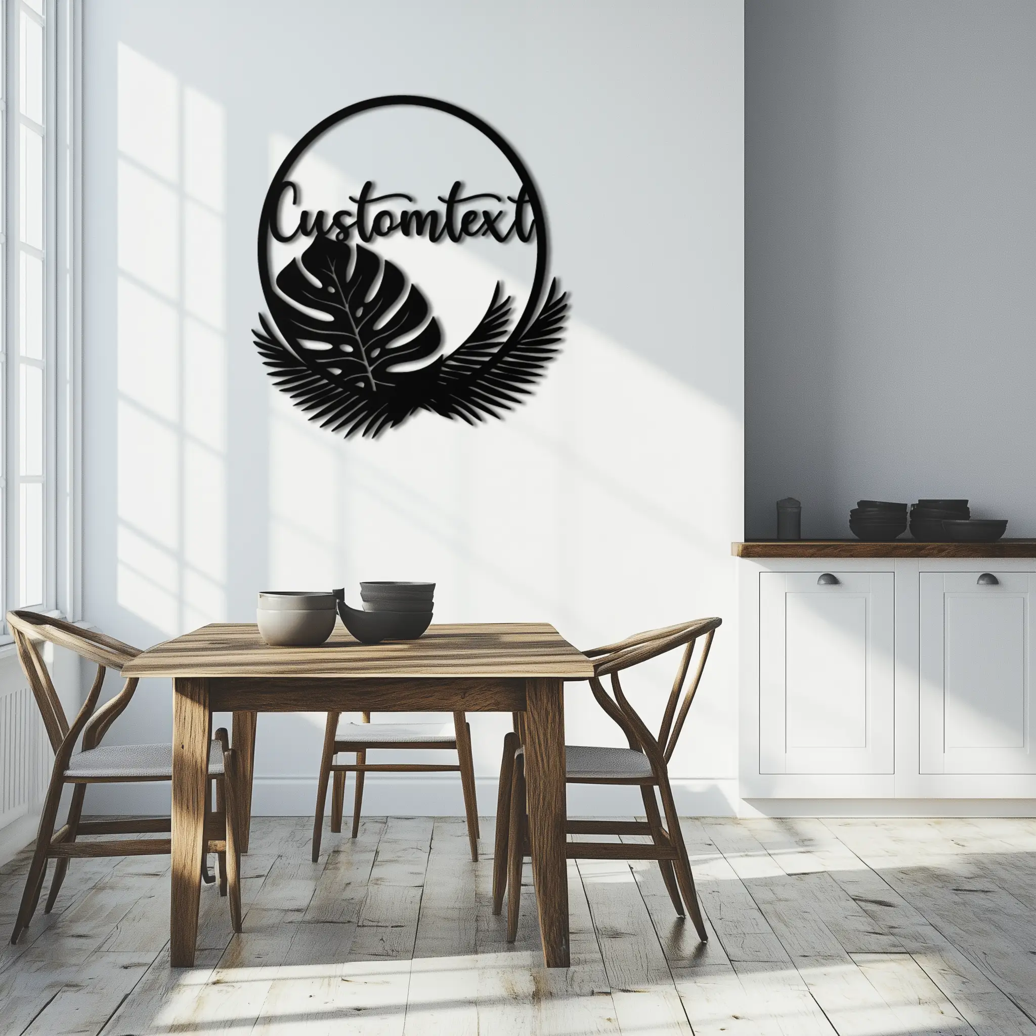 Personalized Tropical Leaves Metal Wall Art – Custom Text Circular Black Steel Decor for Modern Home and Event Spaces- KAF444 by Enova Art