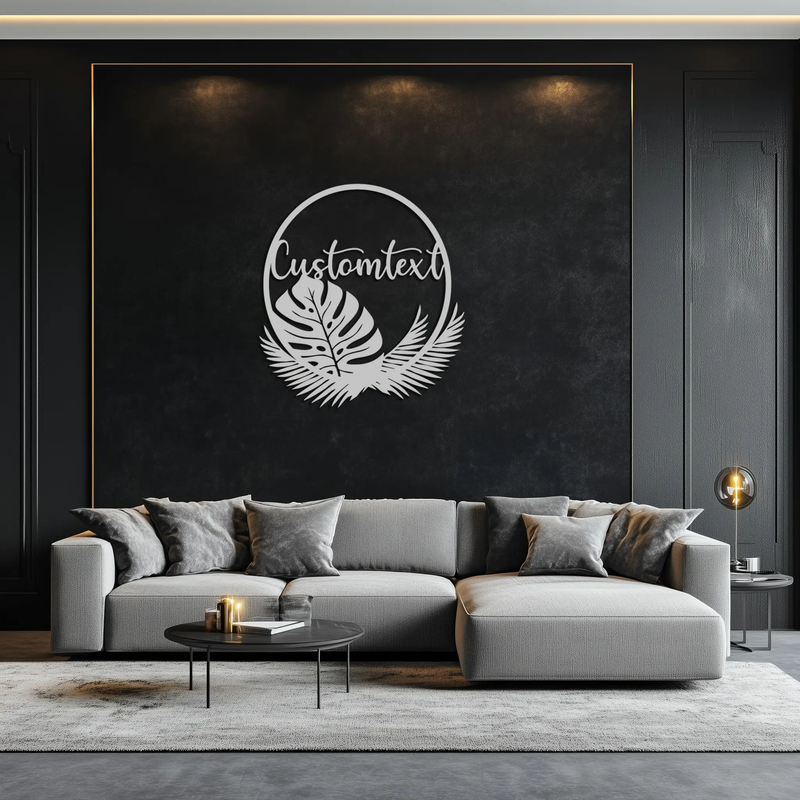 Personalized Tropical Leaves Metal Wall Art – Custom Text Circular Black Steel Decor for Modern Home and Event Spaces- KAF444 by Enova Art
