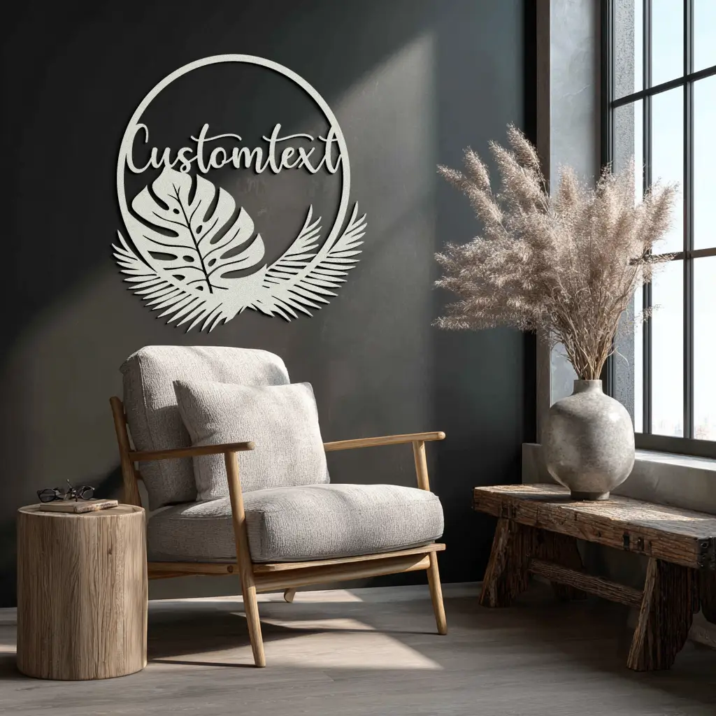 Personalized Tropical Leaves Metal Wall Art – Custom Text Circular Black Steel Decor for Modern Home and Event Spaces- KAF444 by Enova Art