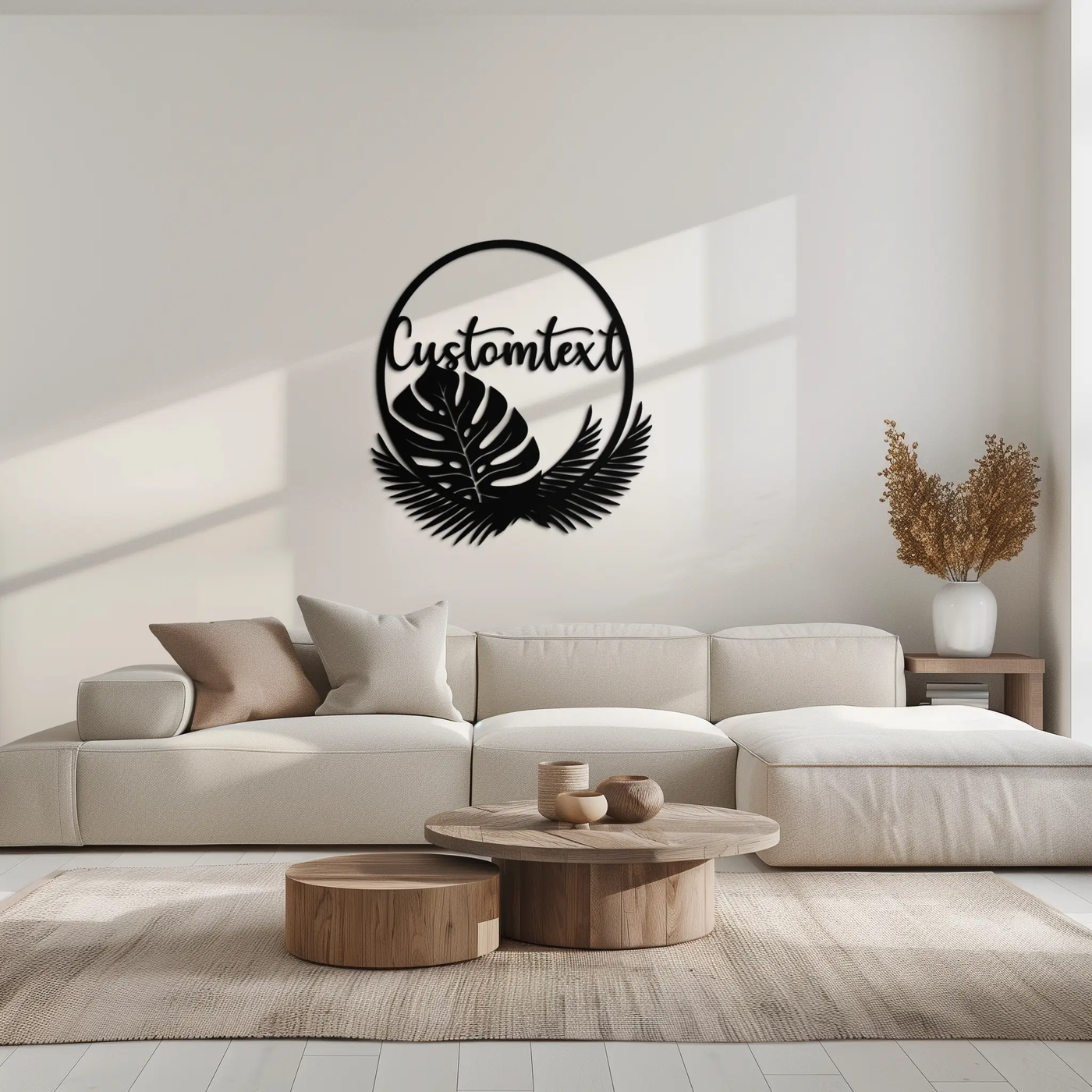 Personalized Tropical Leaves Metal Wall Art – Custom Text Circular Black Steel Decor for Modern Home and Event Spaces- KAF444 by Enova Art