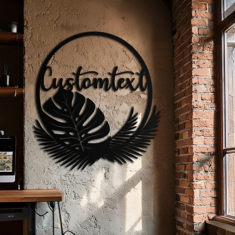 Personalized Tropical Leaves Metal Wall Art – Custom Text Circular Black Steel Decor for Modern Home and Event Spaces- KAF444 by Enova Art