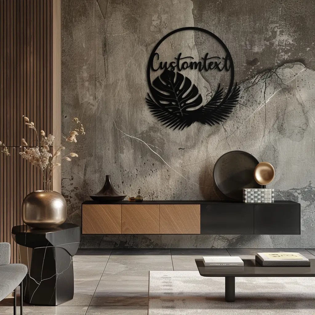 Personalized Tropical Leaves Metal Wall Art – Custom Text Circular Black Steel Decor for Modern Home and Event Spaces- KAF444 by Enova Art