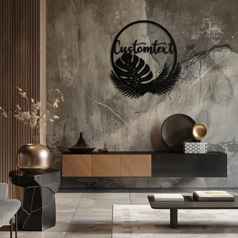 Personalized Tropical Leaves Metal Wall Art – Custom Text Circular Black Steel Decor for Modern Home and Event Spaces- KAF444 by Enova Art