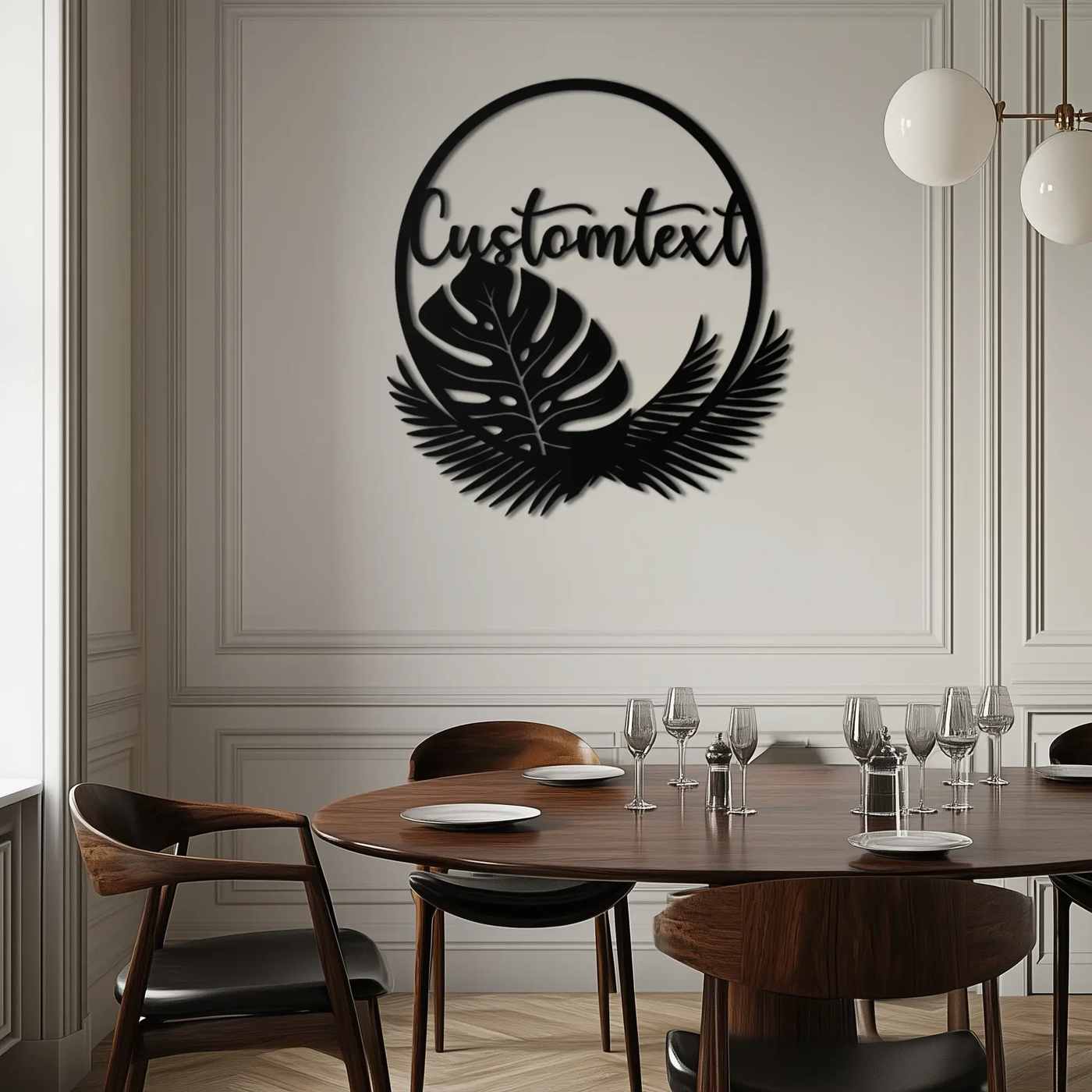 Personalized Tropical Leaves Metal Wall Art – Custom Text Circular Black Steel Decor for Modern Home and Event Spaces- KAF444 by Enova Art