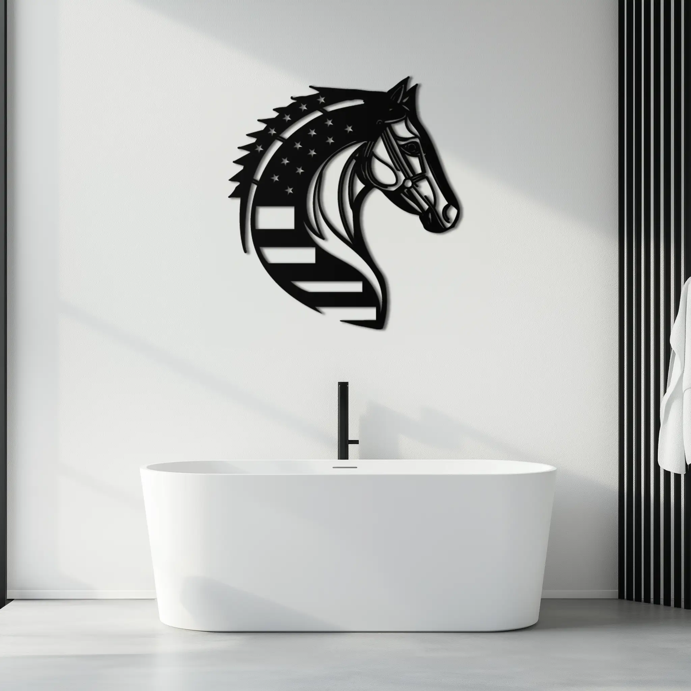 American Flag Horse Head Metal Wall Art – Patriotic Black Steel Equine Decor for Home, Barn and Ranch Interiors- KAF445 by Enova Art
