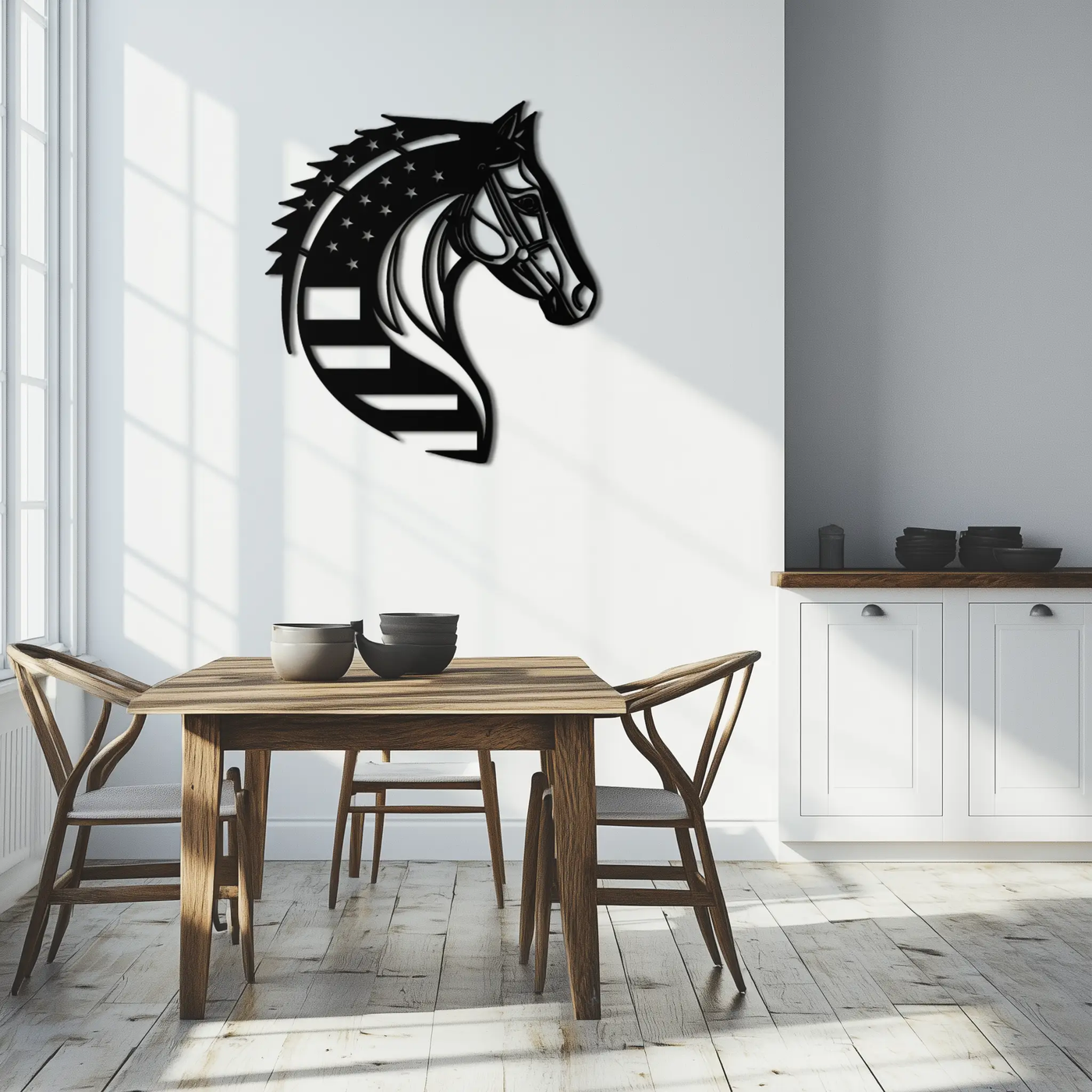 American Flag Horse Head Metal Wall Art – Patriotic Black Steel Equine Decor for Home, Barn and Ranch Interiors- KAF445 by Enova Art
