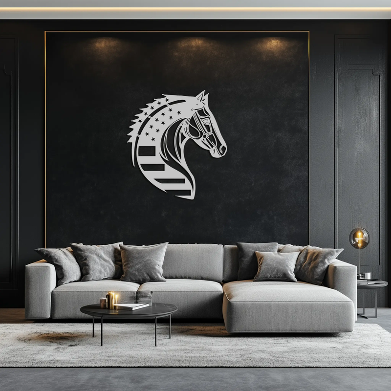 American Flag Horse Head Metal Wall Art – Patriotic Black Steel Equine Decor for Home, Barn and Ranch Interiors- KAF445 by Enova Art