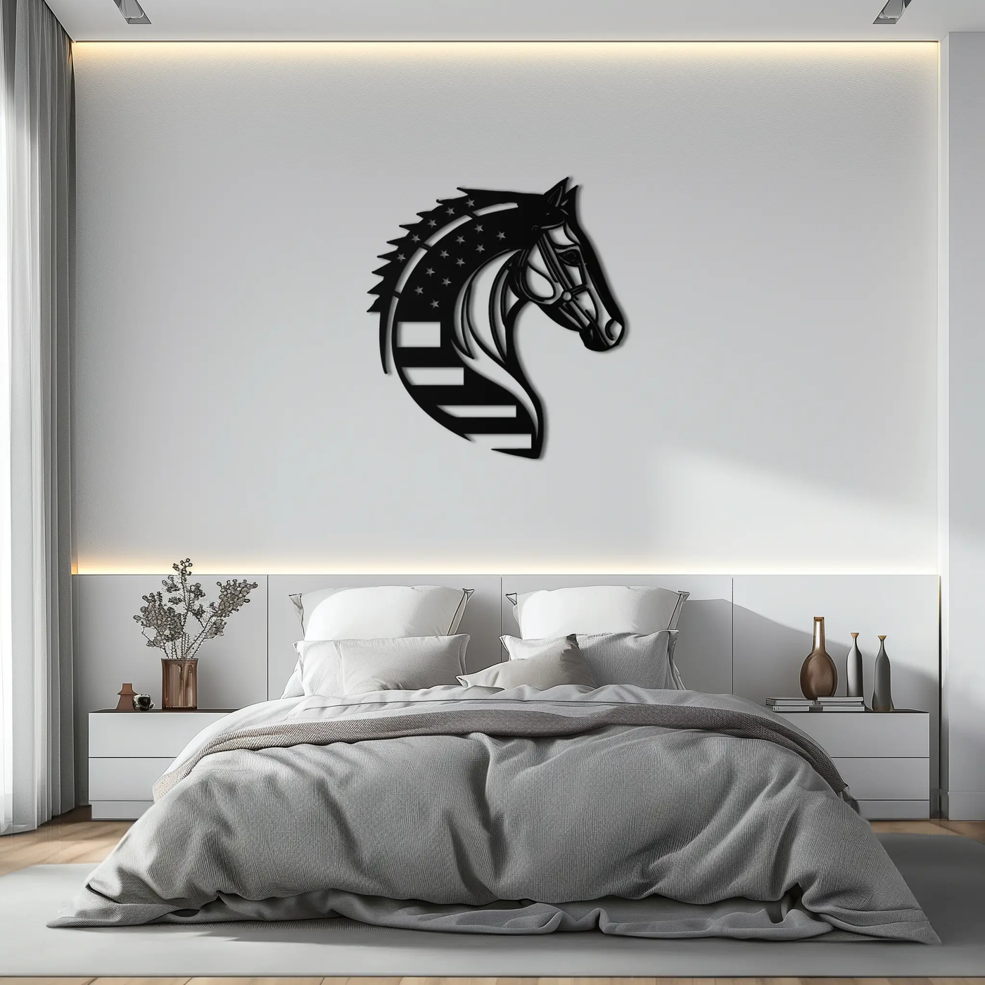 American Flag Horse Head Metal Wall Art – Patriotic Black Steel Equine Decor for Home, Barn and Ranch Interiors- KAF445 by Enova Art