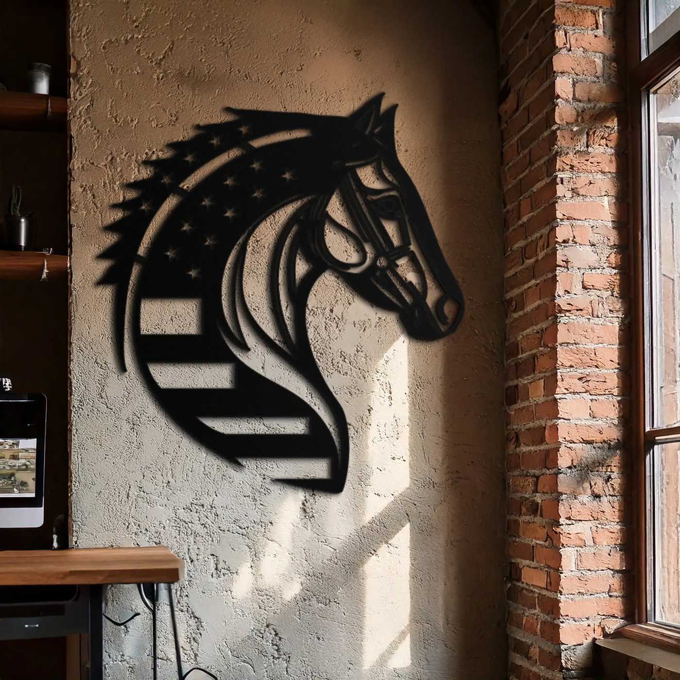 American Flag Horse Head Metal Wall Art – Patriotic Black Steel Equine Decor for Home, Barn and Ranch Interiors- KAF445 by Enova Art