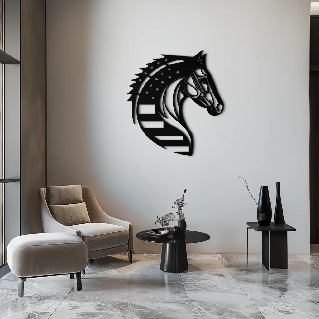 American Flag Horse Head Metal Wall Art – Patriotic Black Steel Equine Decor for Home, Barn and Ranch Interiors- KAF445 by Enova Art
