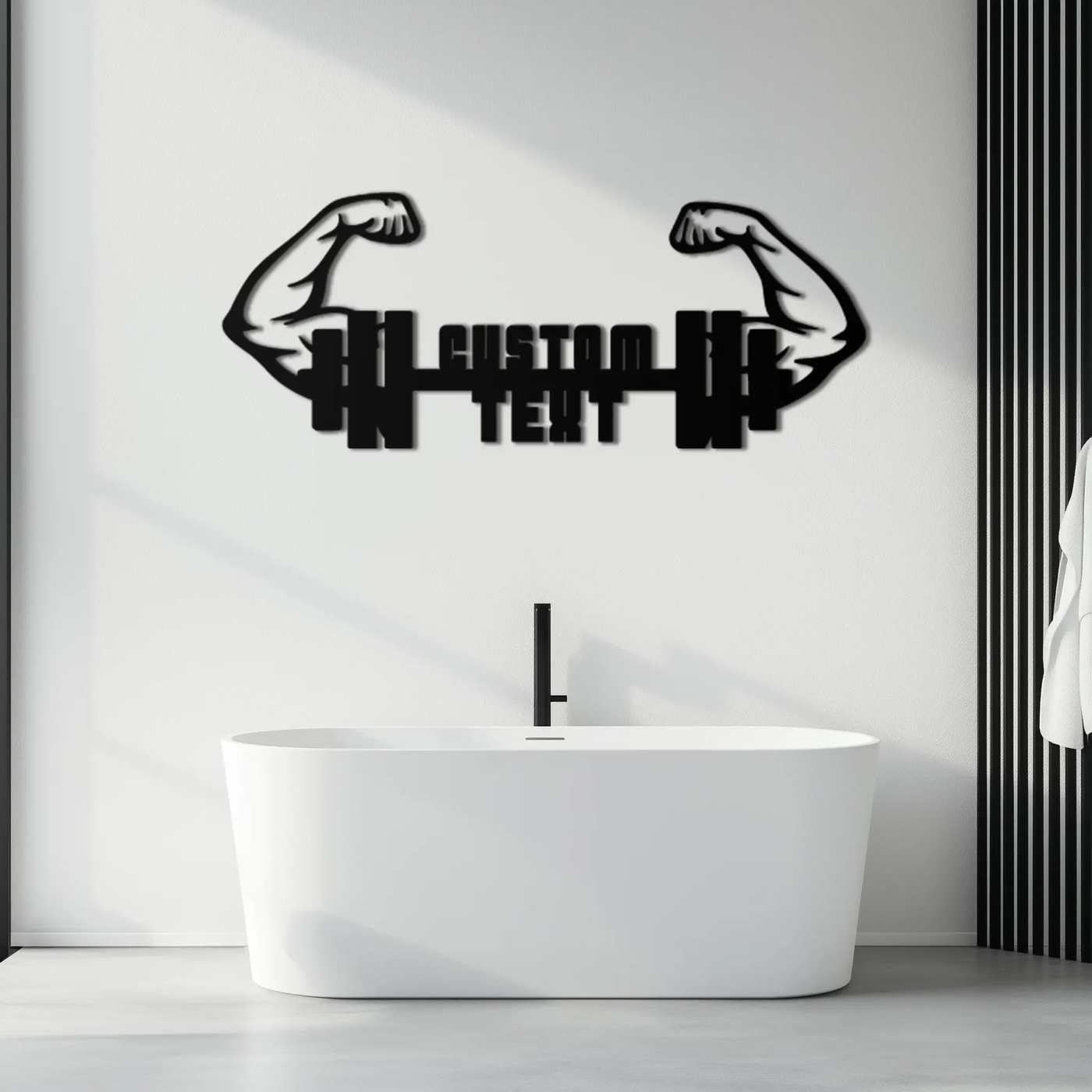 Personalized Fitness Barbell Metal Wall Art – Custom Text Muscular Arms Black Steel Decor for Gym and Workout Spaces- KAF448 by Enova Art