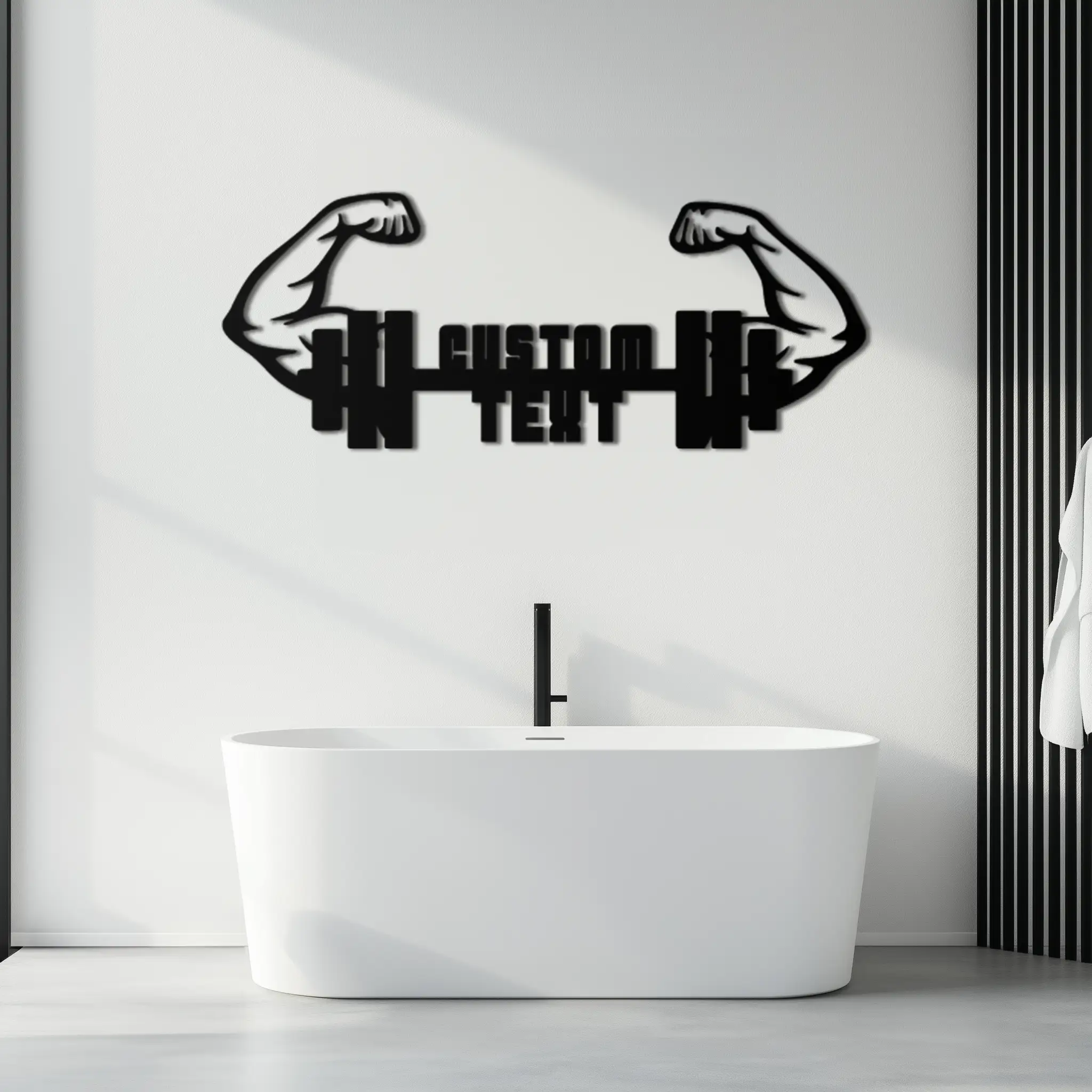 Personalized Fitness Barbell Metal Wall Art – Custom Text Muscular Arms Black Steel Decor for Gym and Workout Spaces- KAF448 by Enova Art