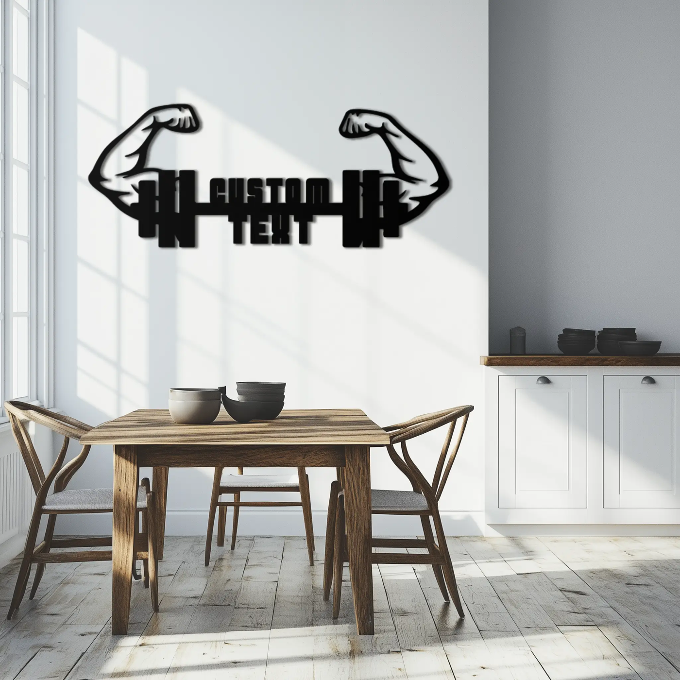 Personalized Fitness Barbell Metal Wall Art – Custom Text Muscular Arms Black Steel Decor for Gym and Workout Spaces- KAF448 by Enova Art