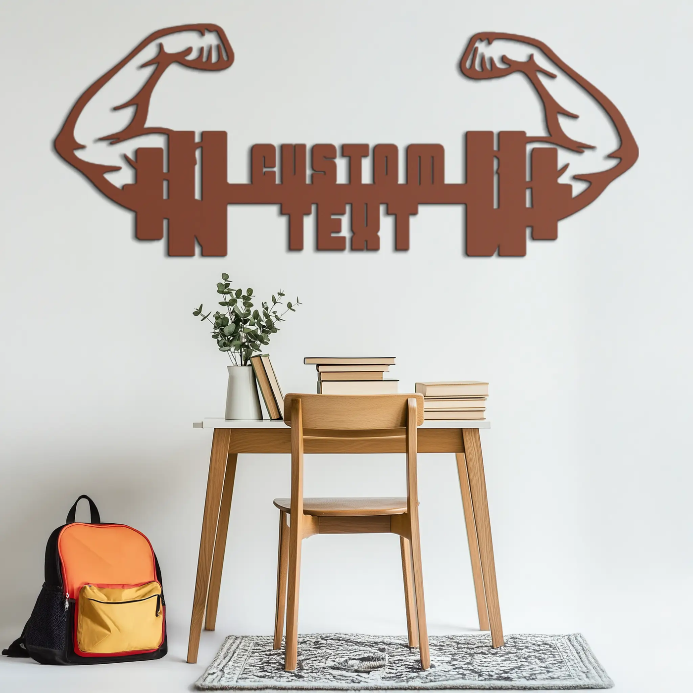 Personalized Fitness Barbell Metal Wall Art – Custom Text Muscular Arms Black Steel Decor for Gym and Workout Spaces- KAF448 by Enova Art