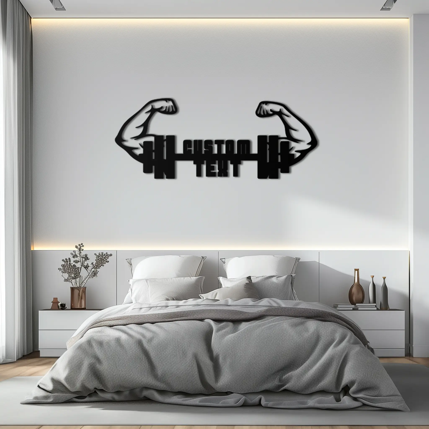 Personalized Fitness Barbell Metal Wall Art – Custom Text Muscular Arms Black Steel Decor for Gym and Workout Spaces- KAF448 by Enova Art
