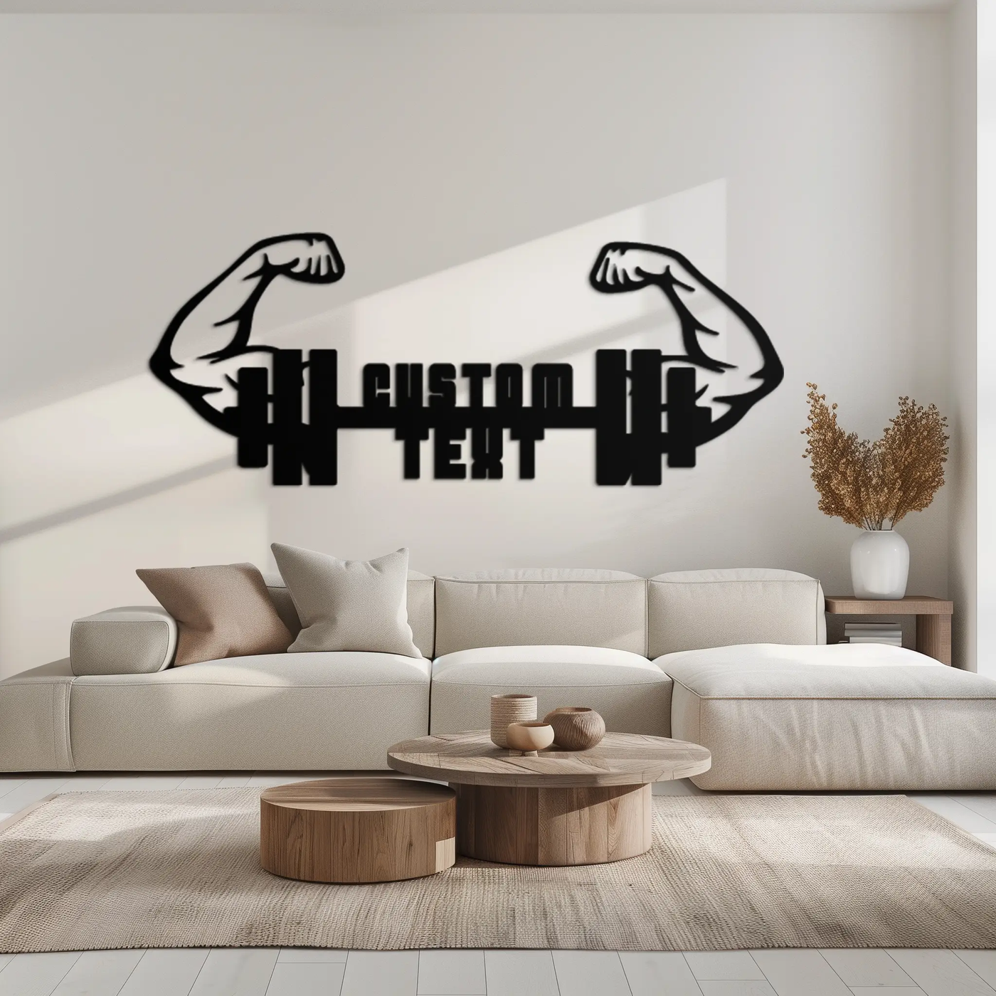 Personalized Fitness Barbell Metal Wall Art – Custom Text Muscular Arms Black Steel Decor for Gym and Workout Spaces- KAF448 by Enova Art