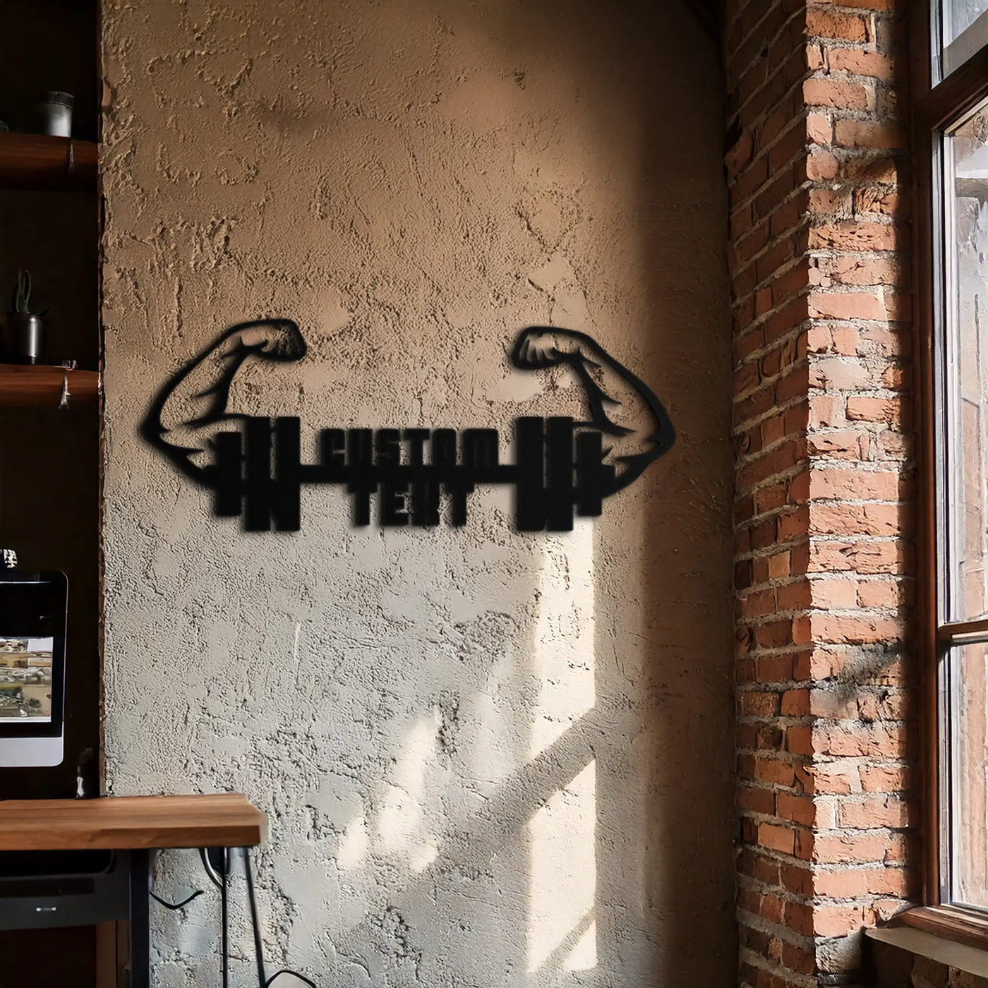 Personalized Fitness Barbell Metal Wall Art – Custom Text Muscular Arms Black Steel Decor for Gym and Workout Spaces- KAF448 by Enova Art