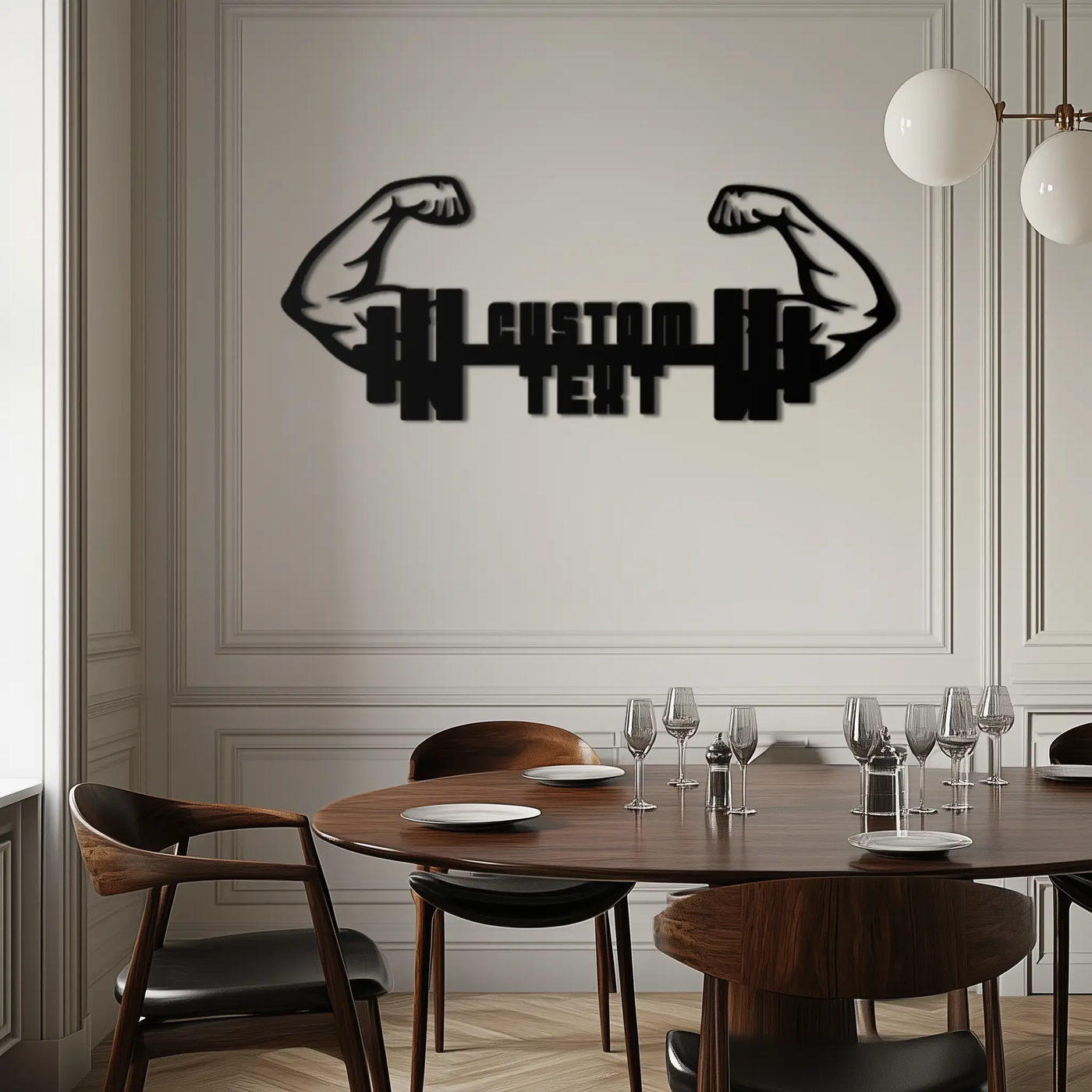 Personalized Fitness Barbell Metal Wall Art – Custom Text Muscular Arms Black Steel Decor for Gym and Workout Spaces- KAF448 by Enova Art