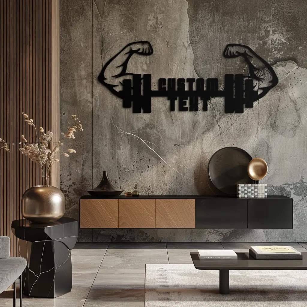 Personalized Fitness Barbell Metal Wall Art – Custom Text Muscular Arms Black Steel Decor for Gym and Workout Spaces- KAF448 by Enova Art