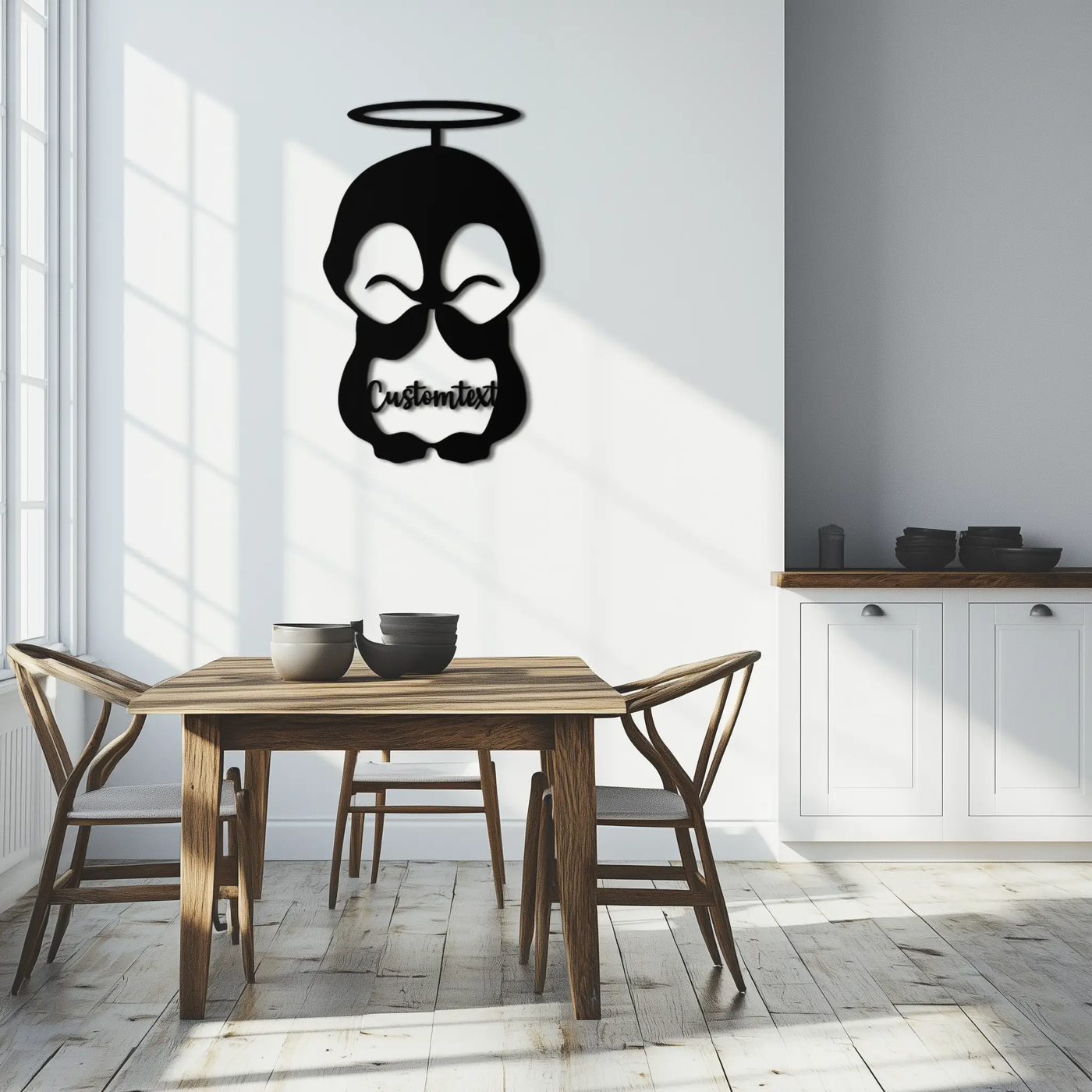 Personalized Cute Angel Penguin Metal Wall Art – Custom Text Adorable Black Steel Decor for Kids Rooms and Nurseries- KAF449 by Enova Art